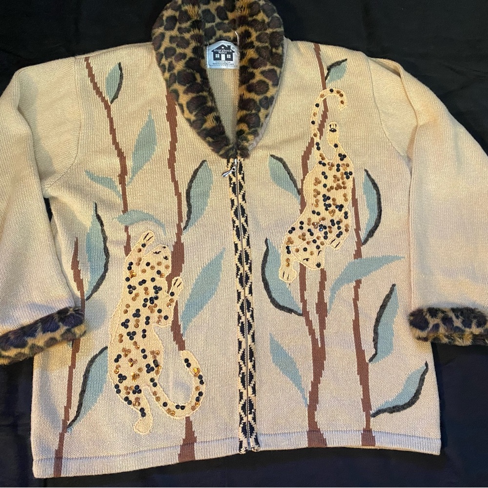 Storybook Knits Cheetah Full Zip Cardigan Sweater Faux Fur Trim & Cuff Size L